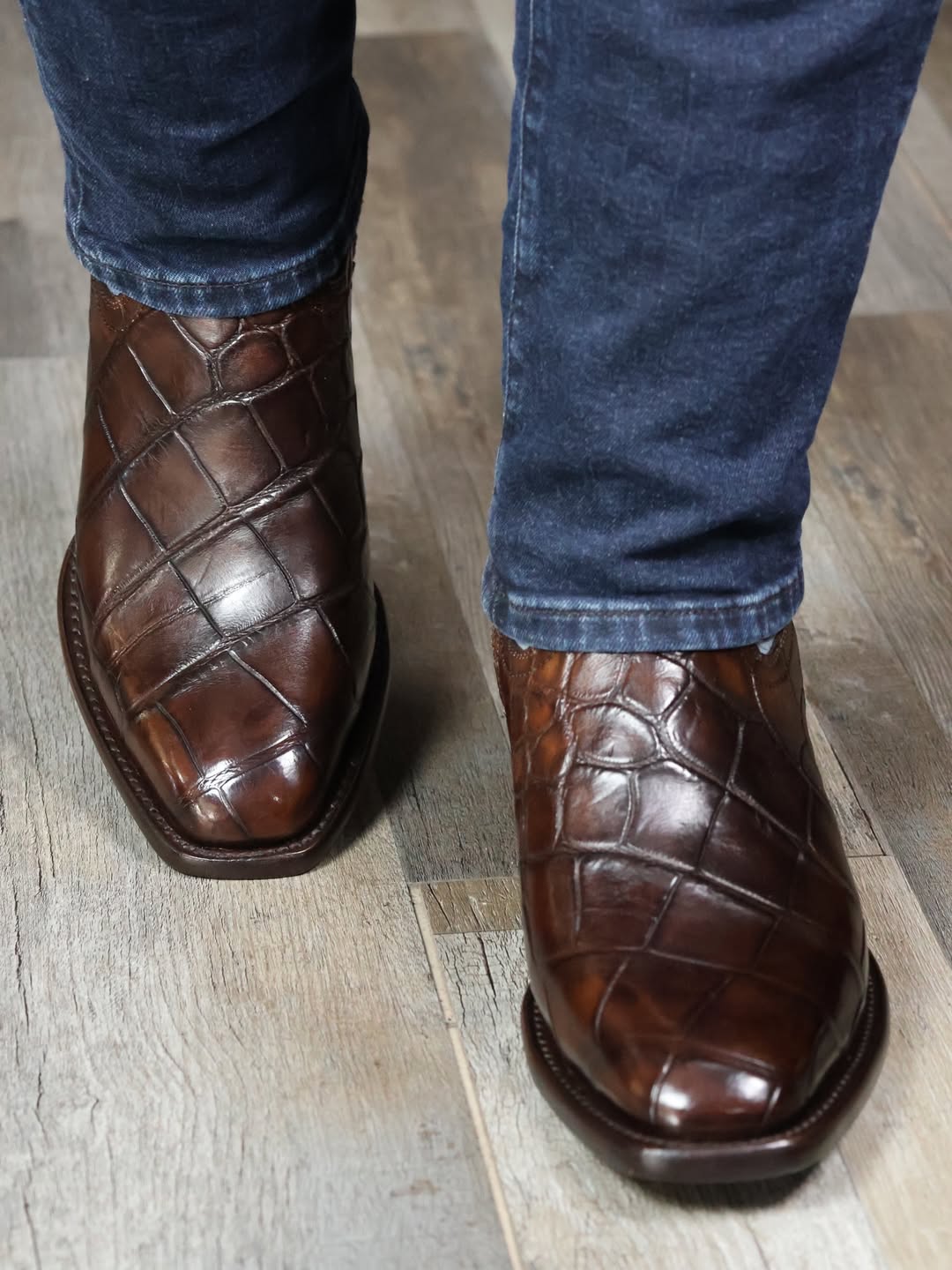 Men's Handcrafted Crocodile-Ostrich Embossed Contrast Western Boots