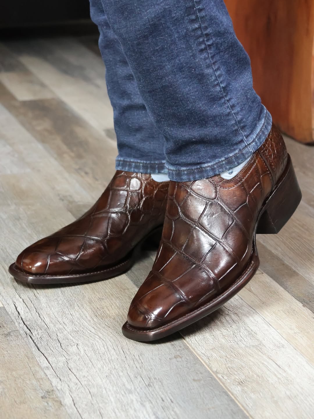 Men's Handcrafted Crocodile-Ostrich Embossed Contrast Western Boots