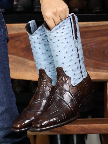 Men's Handcrafted Crocodile-Ostrich Embossed Contrast Western Boots