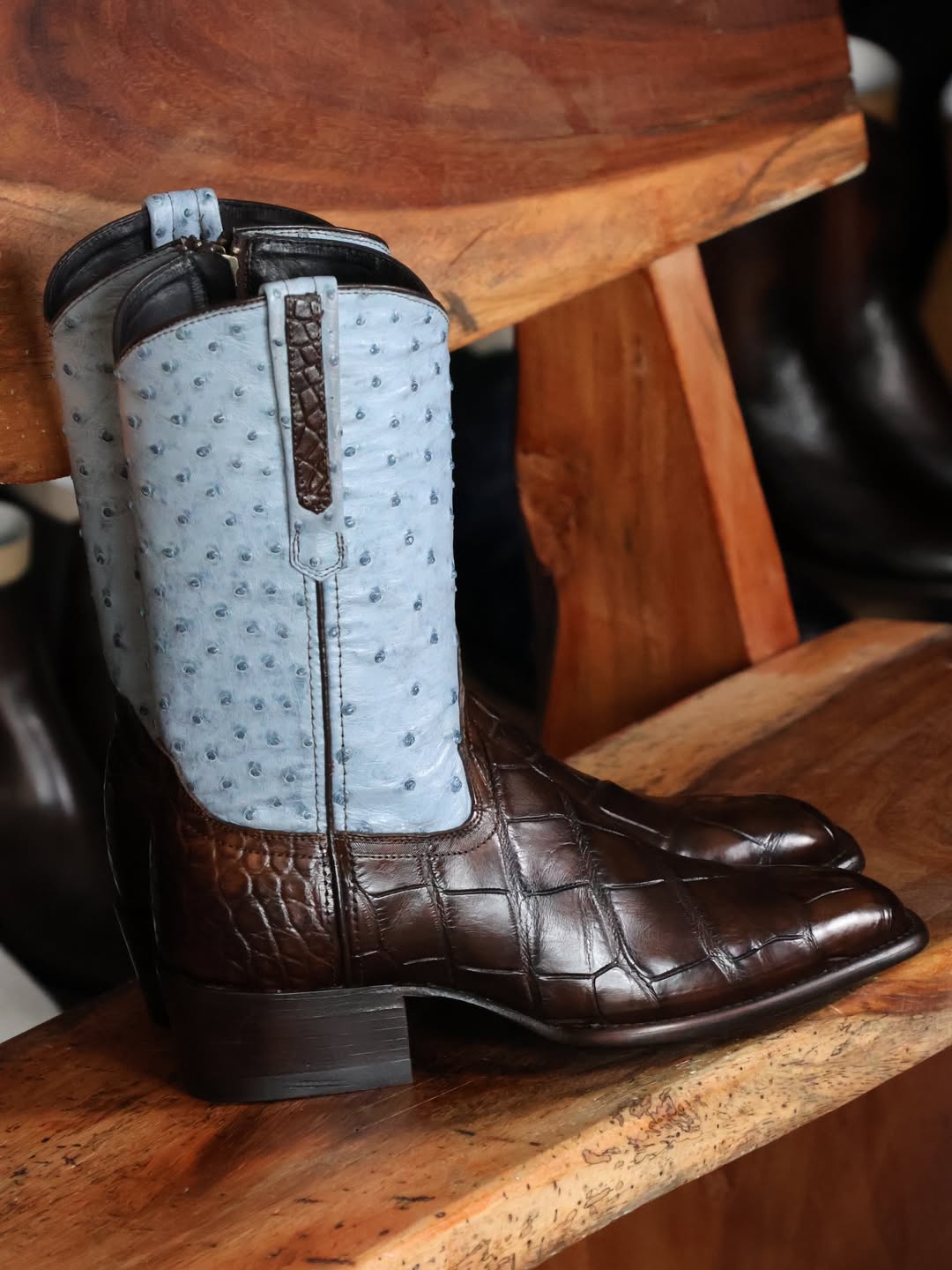 Men's Handcrafted Crocodile-Ostrich Embossed Contrast Western Boots