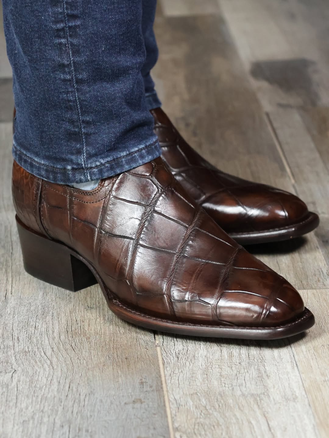 Men's Handcrafted Crocodile-Ostrich Embossed Contrast Western Boots