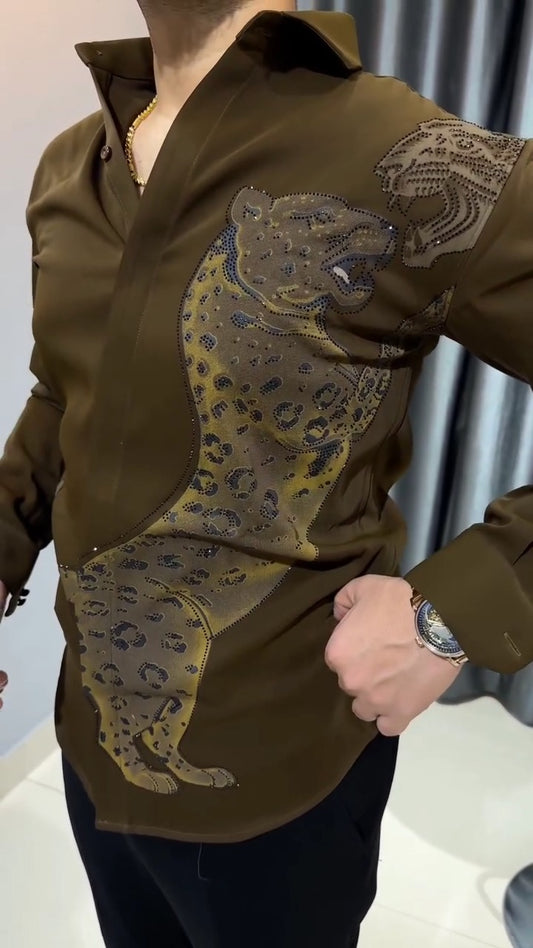Men's Slim Fit Shirt with Intricate Rhinestone Leopard & Panther Embroidery