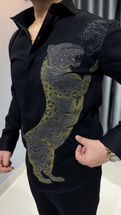 Men's Slim Fit Shirt with Intricate Rhinestone Leopard & Panther Embroidery