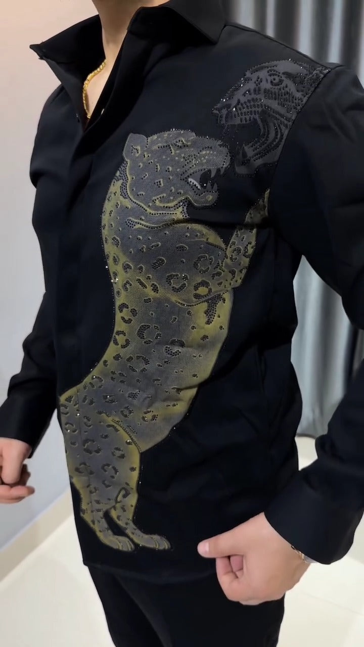 Men's Slim Fit Shirt with Intricate Rhinestone Leopard & Panther Embroidery