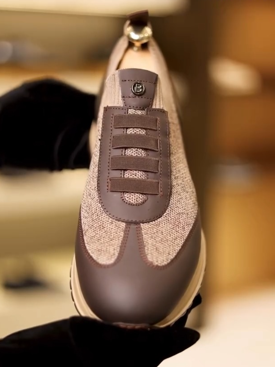 Men's Brown Textile Leather Slip-On Casual Sneakers