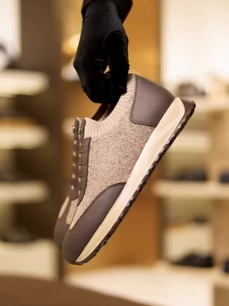 Men's Brown Textile Leather Slip-On Casual Sneakers