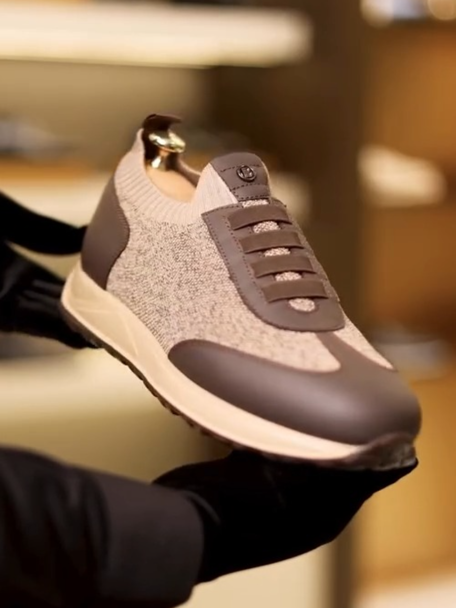 Men's Brown Textile Leather Slip-On Casual Sneakers