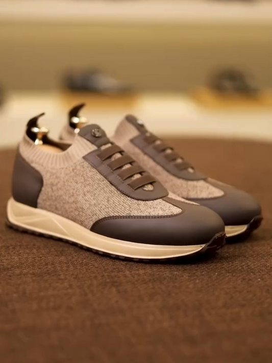 Men's Brown Textile Leather Slip-On Casual Sneakers