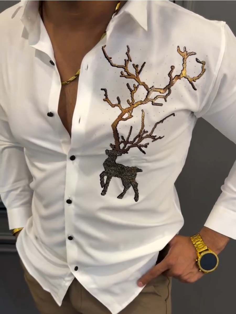 Men's Luxury Gold Deer Rhinestone Embroidered Shirt