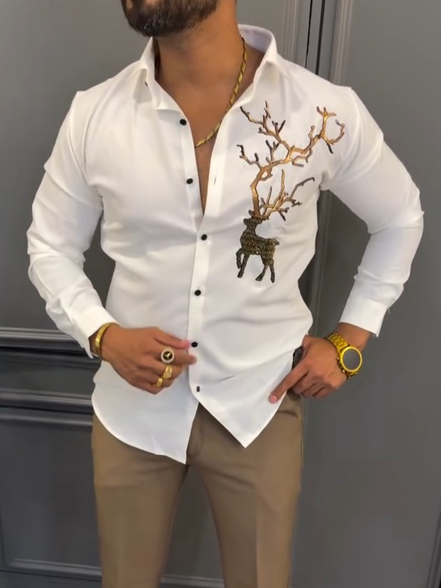 Men's Luxury Gold Deer Rhinestone Embroidered Shirt