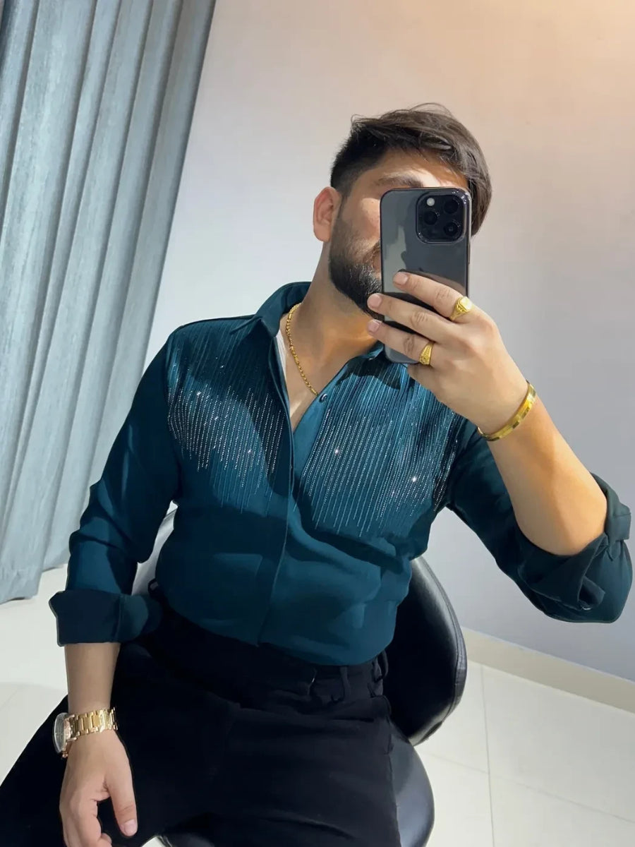 Men's Rhinestone Stripe Print Shirt