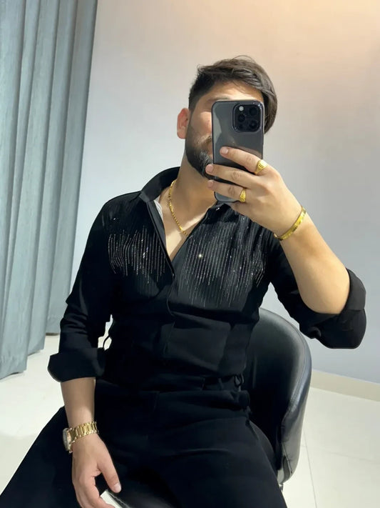 Men's Rhinestone Stripe Print Shirt