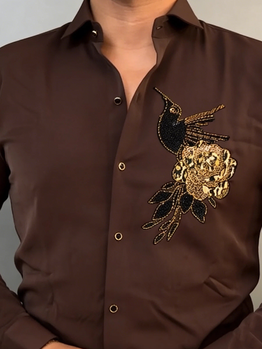 Men's Hummingbird & Rose Rhinestone Embroidered Dress Shirt