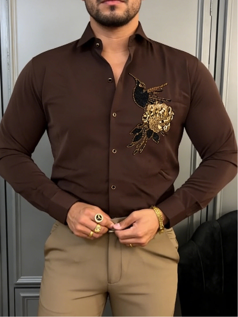 Men's Hummingbird & Rose Rhinestone Embroidered Dress Shirt