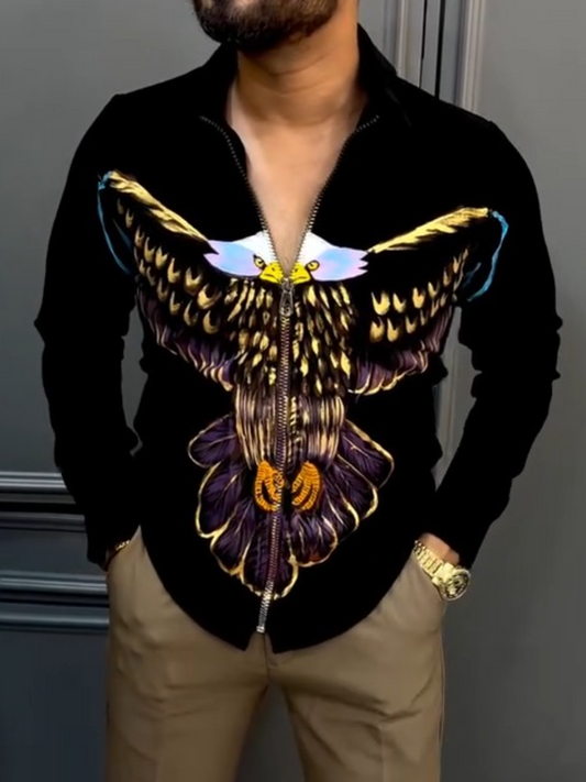 Men's Black Full-Zip Shirt with 3D Eagle Graphic Print