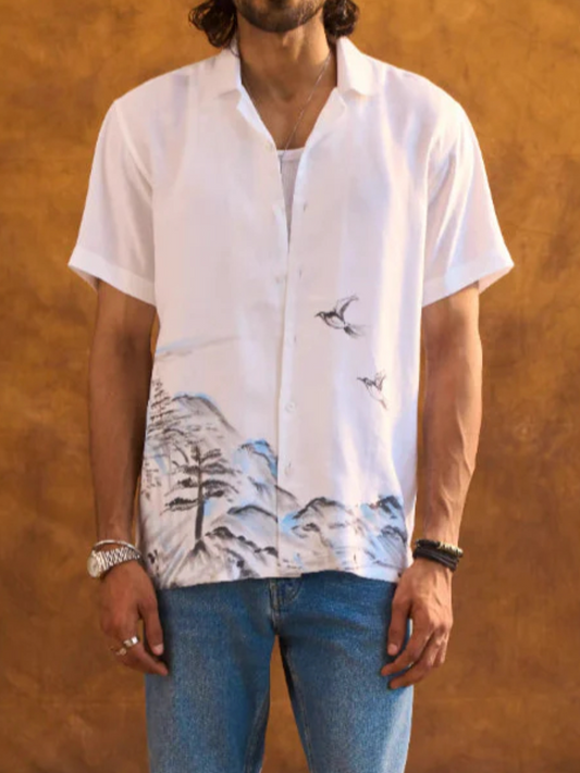 Men's Mountain Bird Print Linen Aloha Shirt