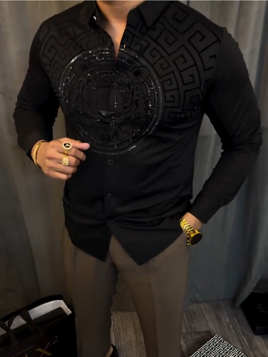 Black Satin Tiger Emblem Embellished Shirt