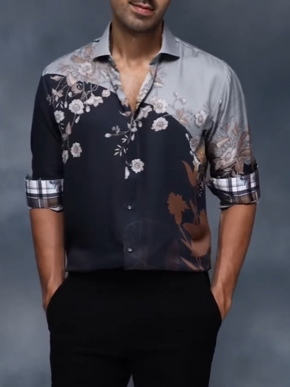 Men's Two-Tone Floral Print Long Sleeve Shirt