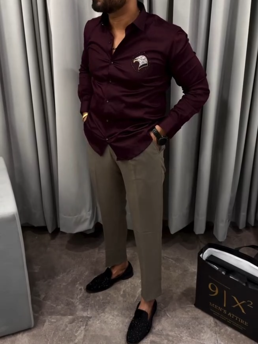 Men's Burgundy Eagle Satin Shirt