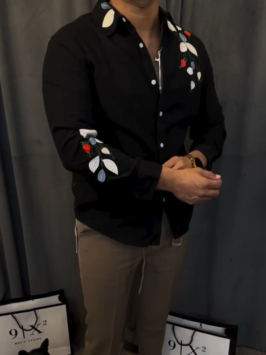 Men's Black Floral Embroidered Shirt