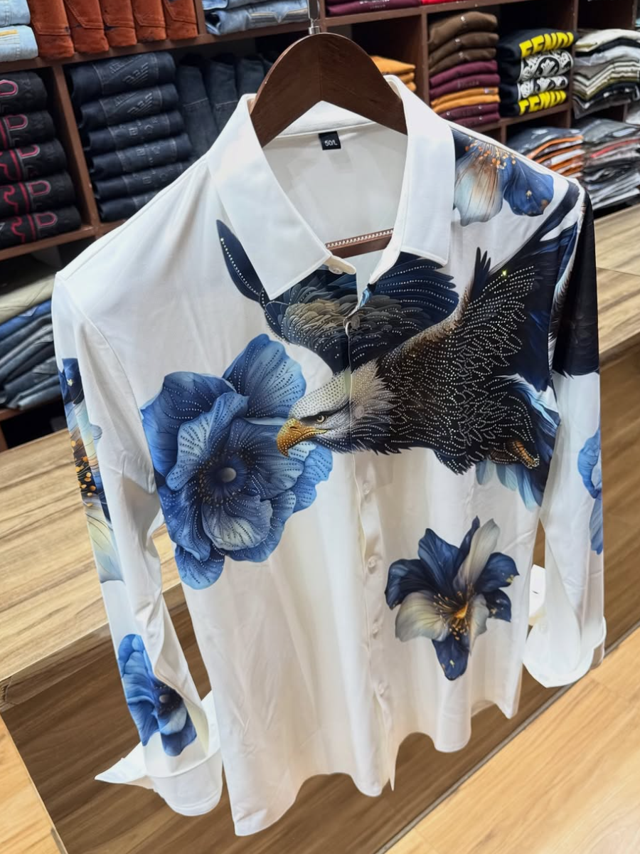 Men's Eagle & Blue Floral Rhinestone Print White Shirt