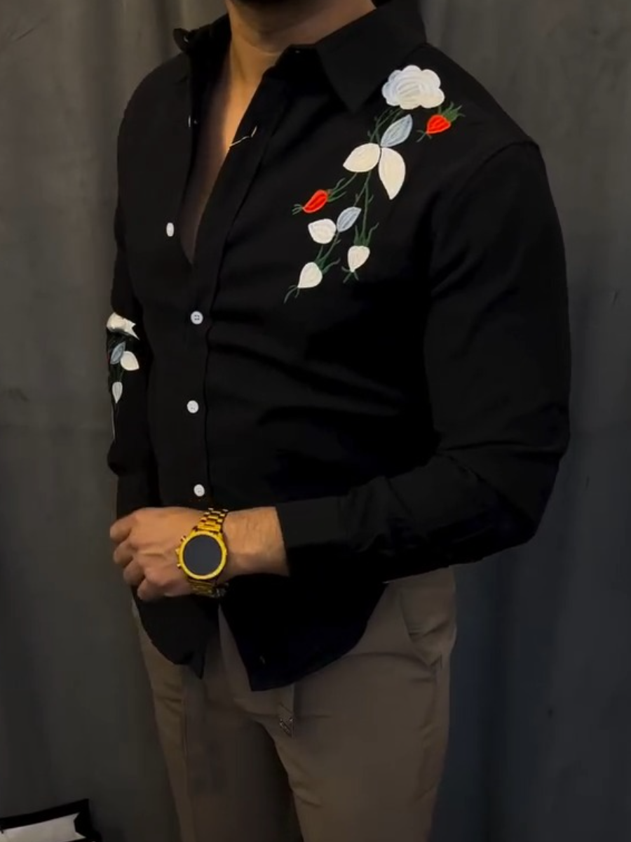 Men's Black Floral Embroidered Shirt