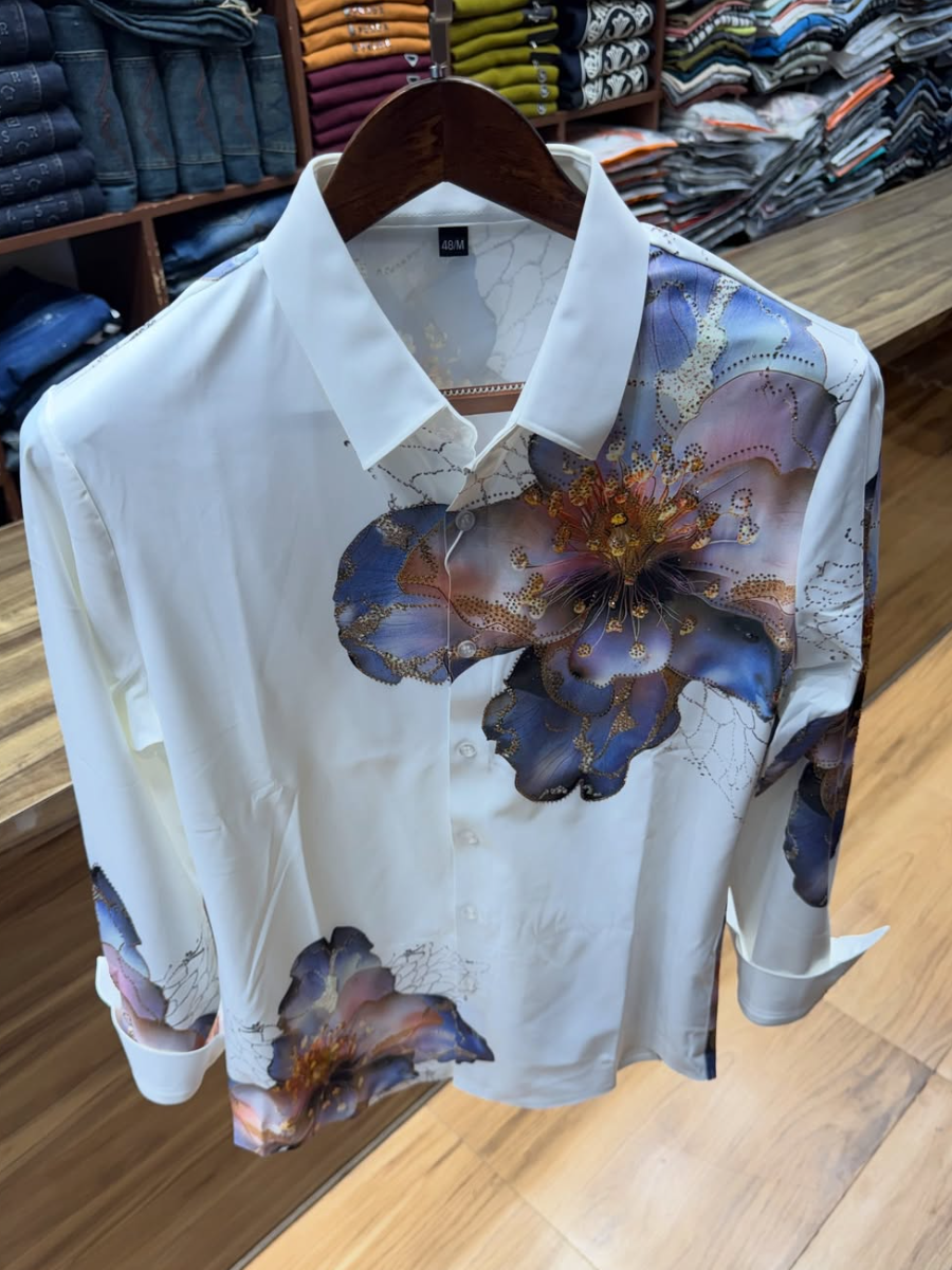 Men's Gradient Floral Rhinestone Print White Shirt
