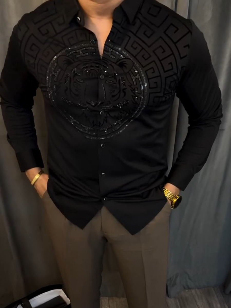 Black Satin Tiger Emblem Embellished Shirt