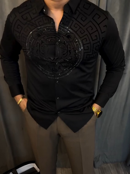 Black Satin Tiger Emblem Embellished Shirt