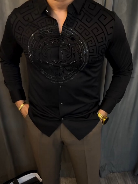 Black Satin Tiger Emblem Embellished Shirt