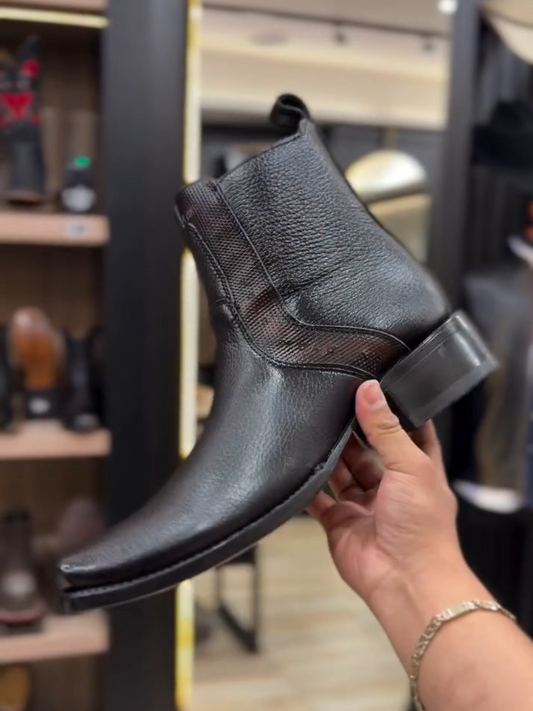 Black Narrow-Toe Leather Cowboy Boots