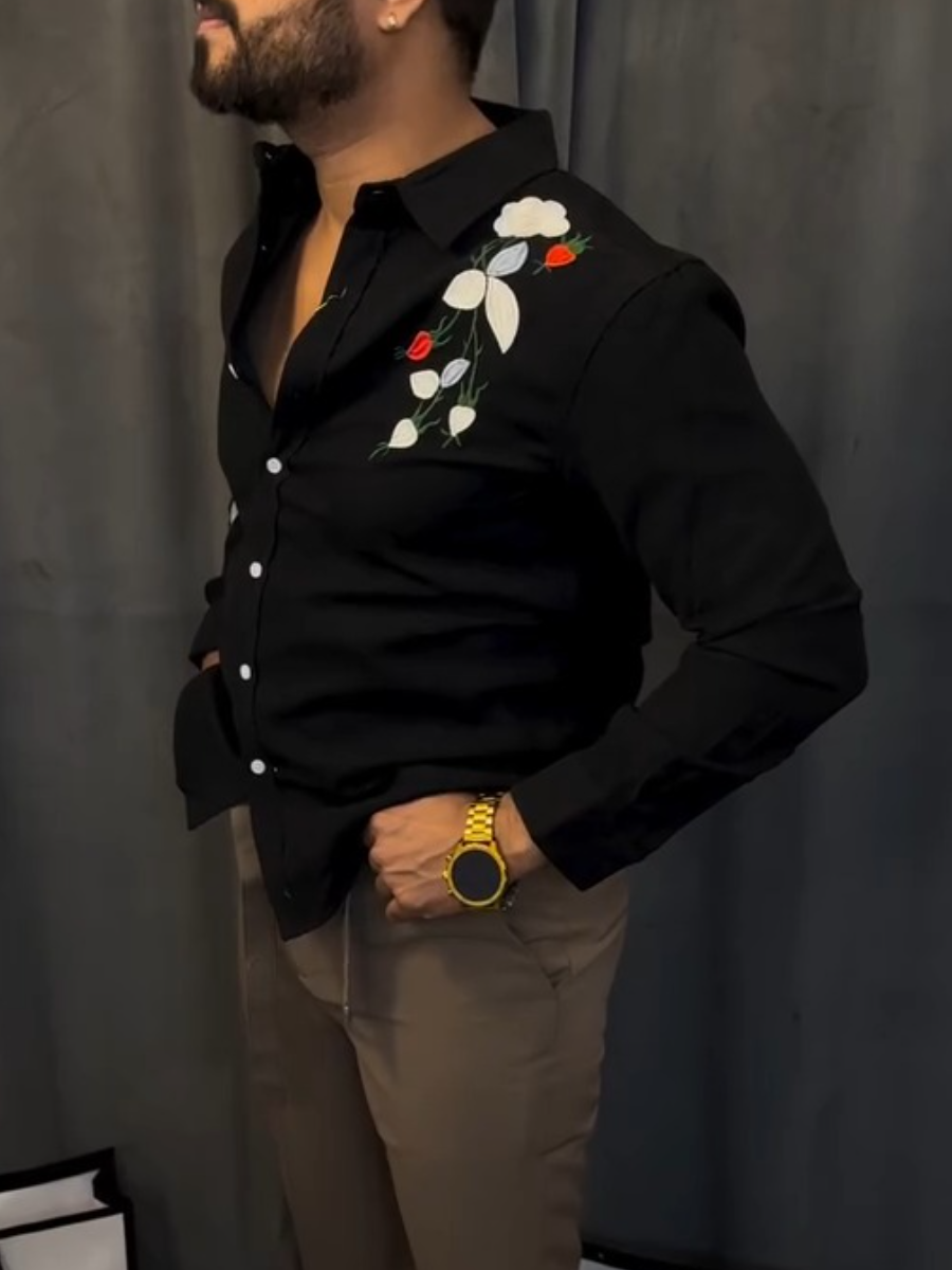 Men's Black Floral Embroidered Shirt