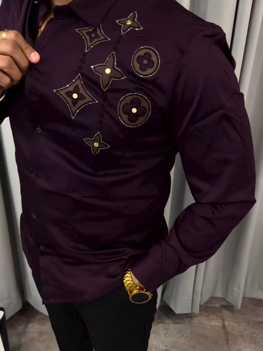 Men's Satin Gold Rhinestone Embellished Shirt