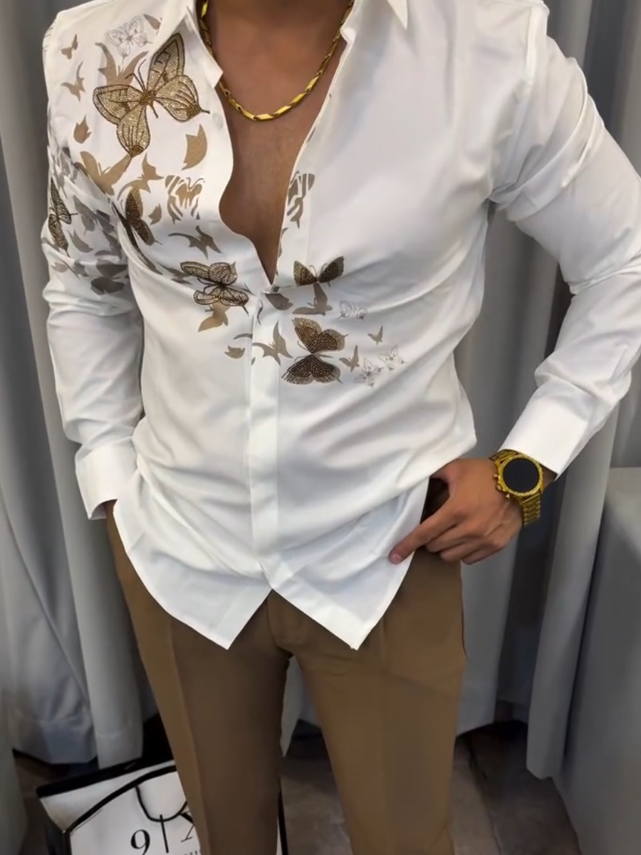 Men's Luxury Gold Butterfly Embroidered Shirt