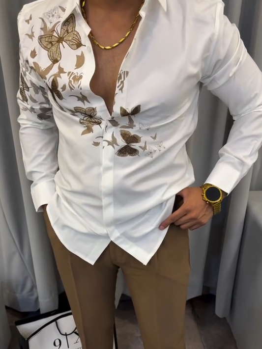 Men's Luxury Gold Butterfly Embroidered Shirt