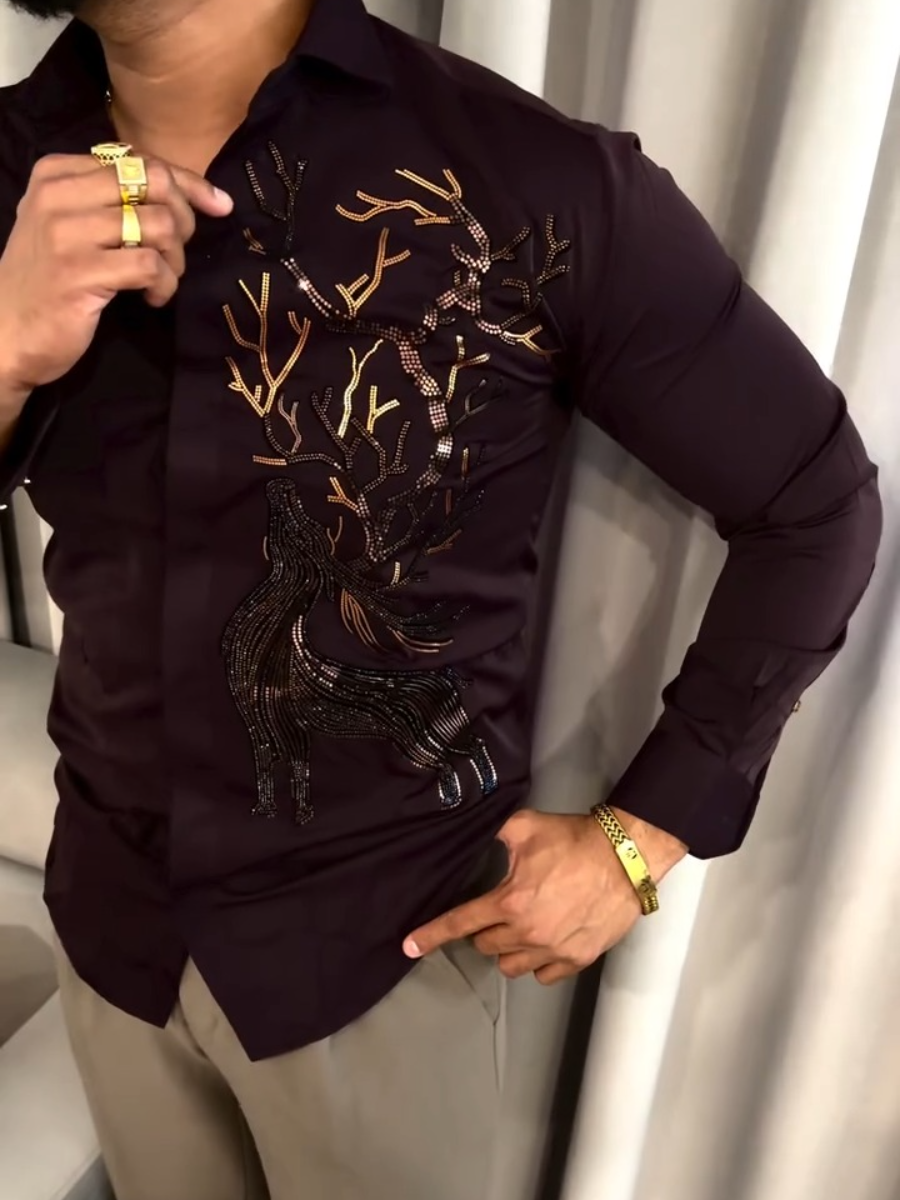 Men's Satin Shirt with Gold Sequin Trim