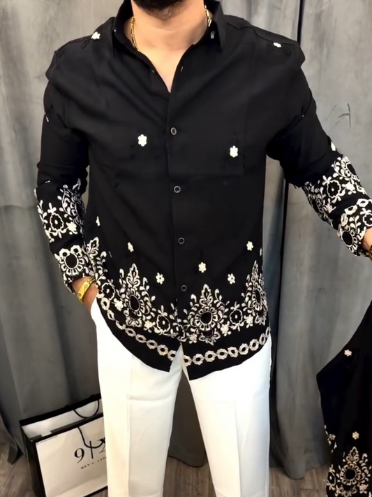 Men's Black Embroidery Casual Shirt
