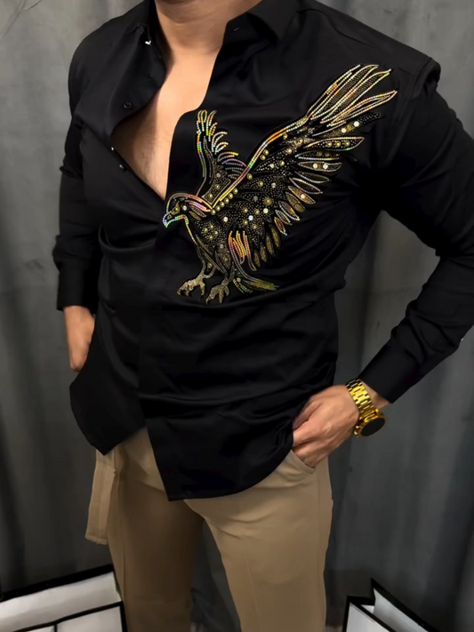 Men's Satin Flying Eagle Rhinestone Embellished Shirt