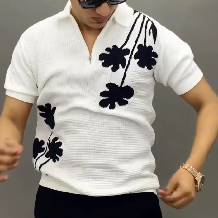 Men's Floral Print Zip Polo Knit Shirt
