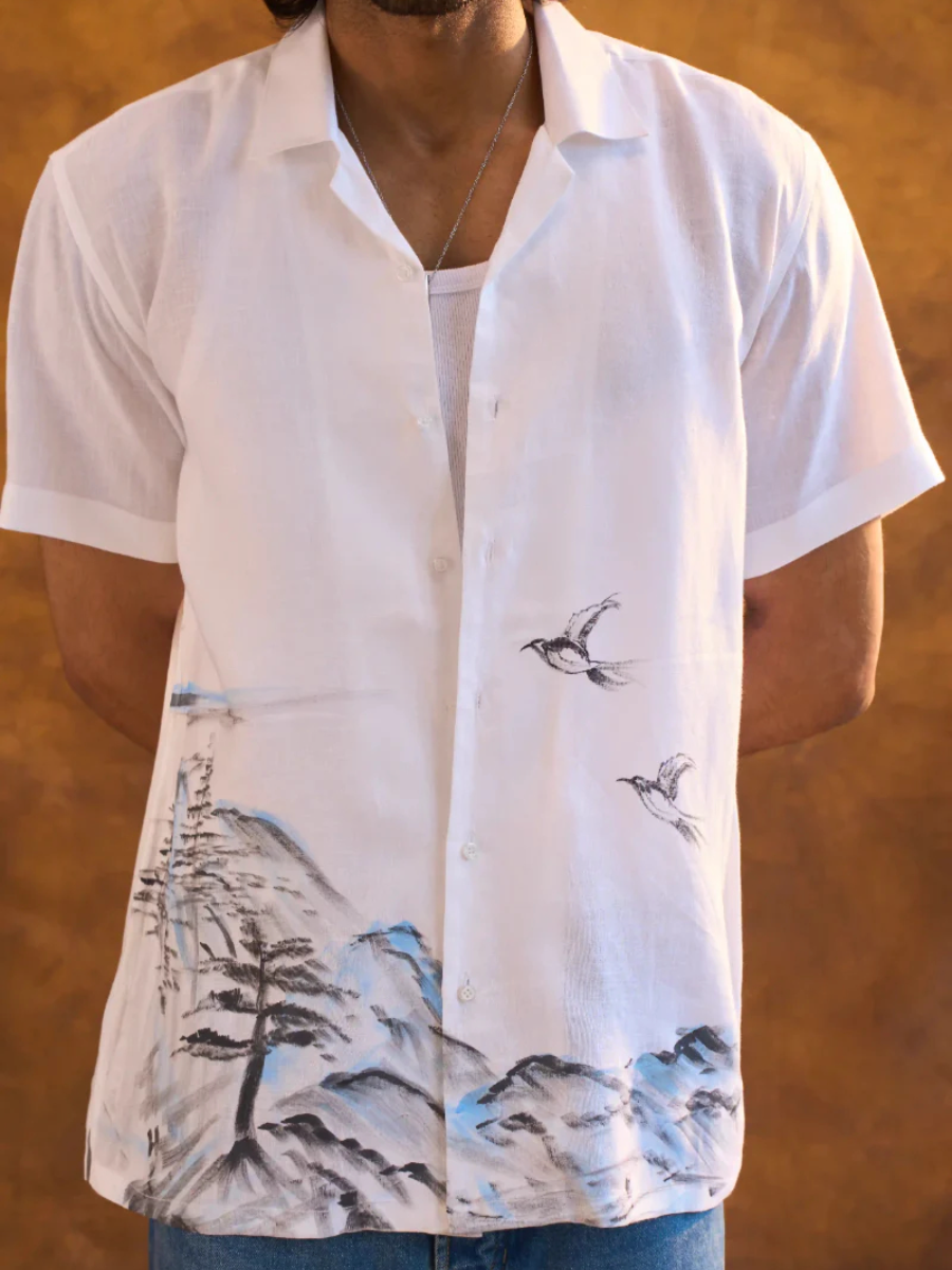 Men's Mountain Bird Print Linen Aloha Shirt