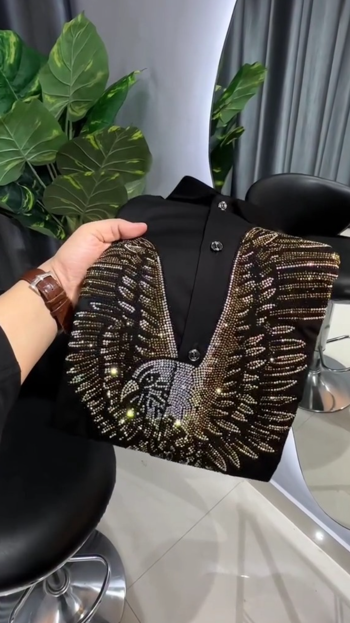 Men's Black Satin Rhinestone Eagle Embellished Button Down Shirt