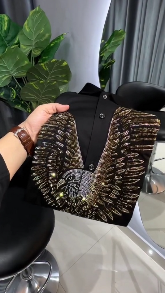 Men's Black Satin Rhinestone Eagle Embellished Button Down Shirt