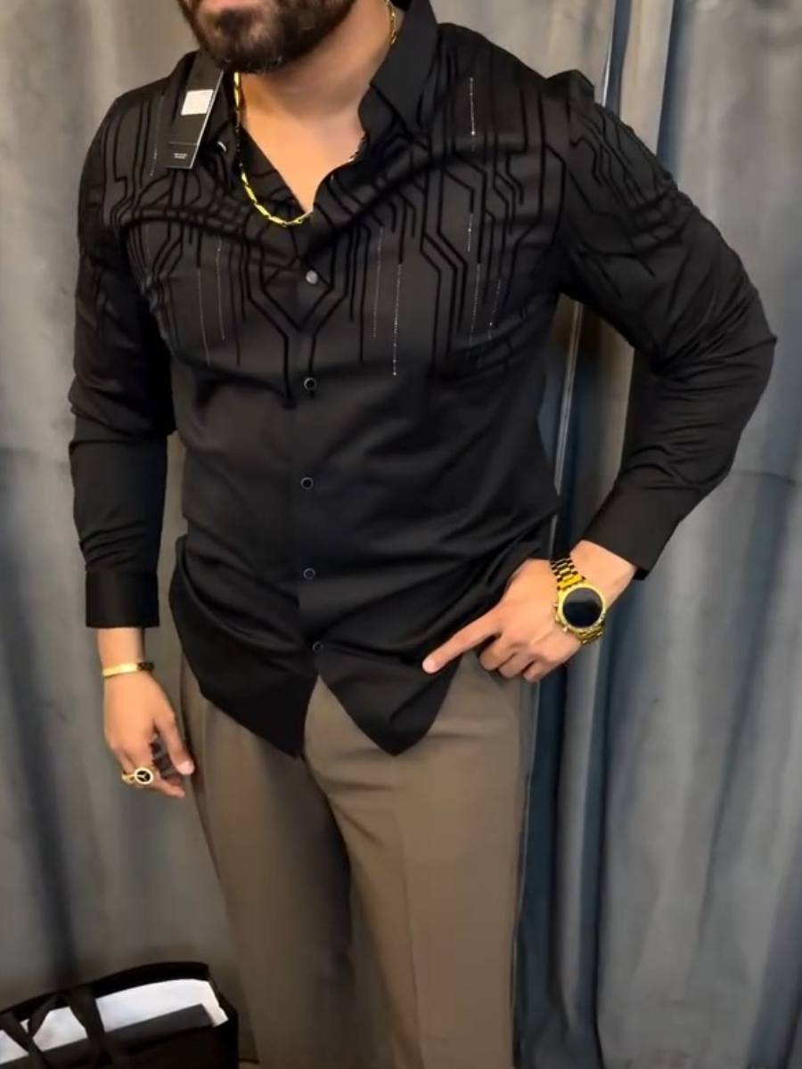 Men's Black Satin Geometric Embellished Shirt