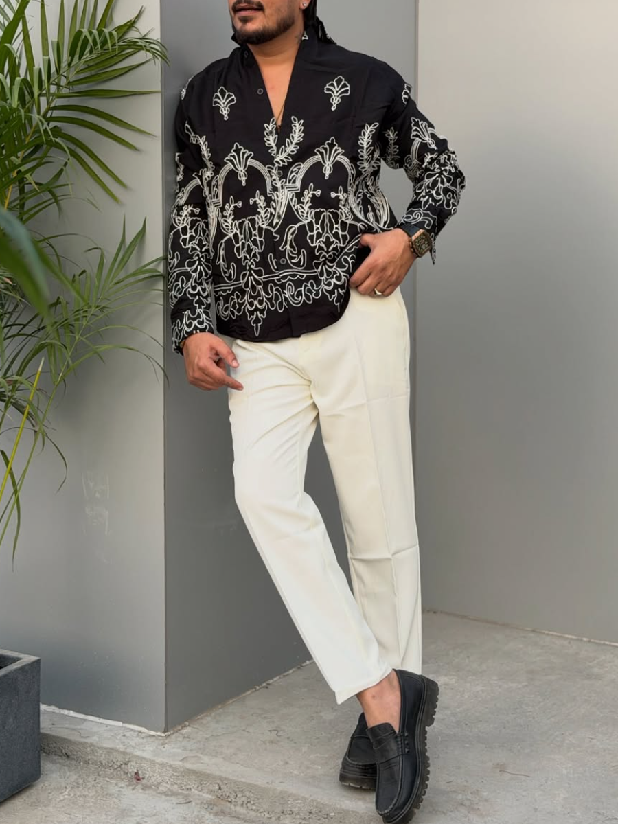 Men's Satin Intricate Embroidered Western Button Down Shirt