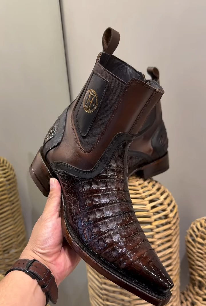 Men's Crocodile Pointed-Toe Ankle Boots