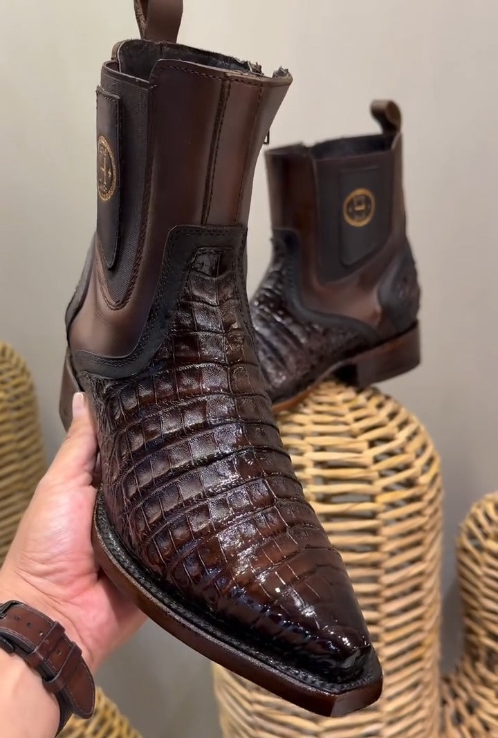 Men's Crocodile Pointed-Toe Ankle Boots