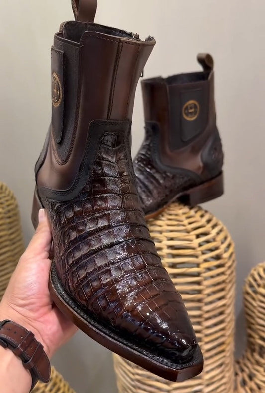 Men's Crocodile Pointed-Toe Ankle Boots