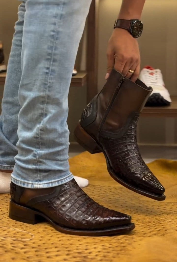 Men's Crocodile Pointed-Toe Ankle Boots