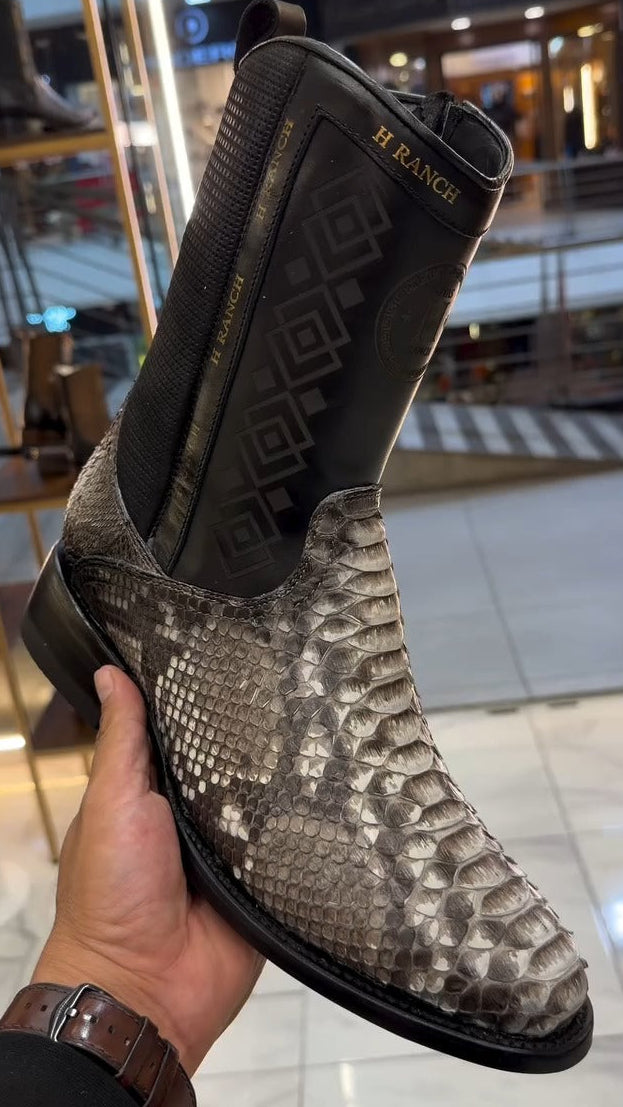 Men's Python-Print Crocodile Leather Oval-Toe Cowboy Boots