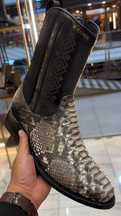 Men's Python-Print Crocodile Leather Oval-Toe Cowboy Boots